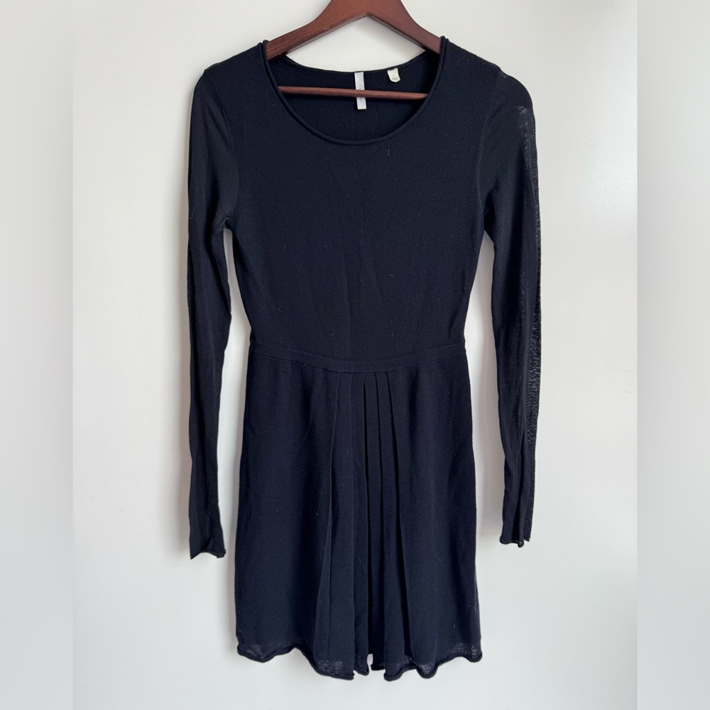 IISLI Pleated Long Sleeve Black Fit‎ Flare dress Women Small Petite Cotton Wool